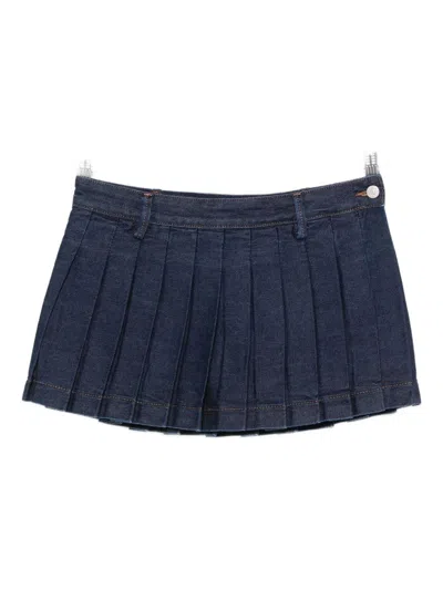 7 For All Mankind Mini Skirt With Pleated Design And Belt Loops In Blue