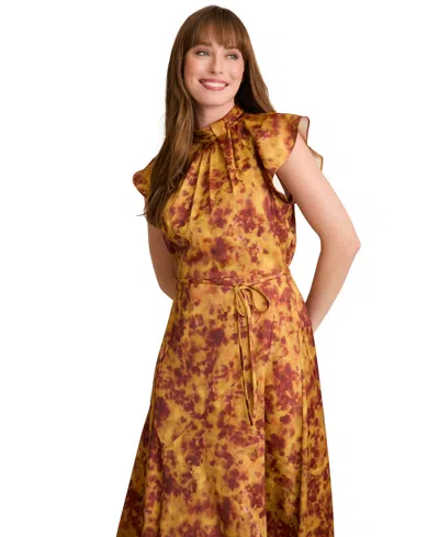 London Times Women's Mock Neck Flutter Sleeves Dress In Yellow