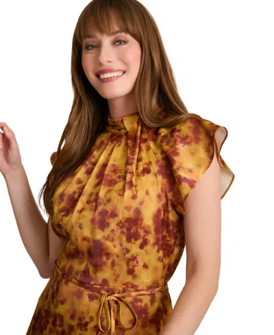 London Times Women's Mock Neck Flutter Sleeves Dress In Yellow