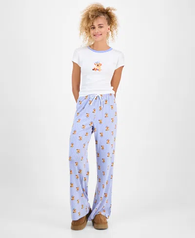 Just Polly Juniors Puppy Print T Shirt Puppy Print Striped Drawstring Pants In Multi