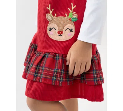 Rare Editions Girls 2t-6x 2-piece Long Sleeves Top And Plaid Jumper Set In Red