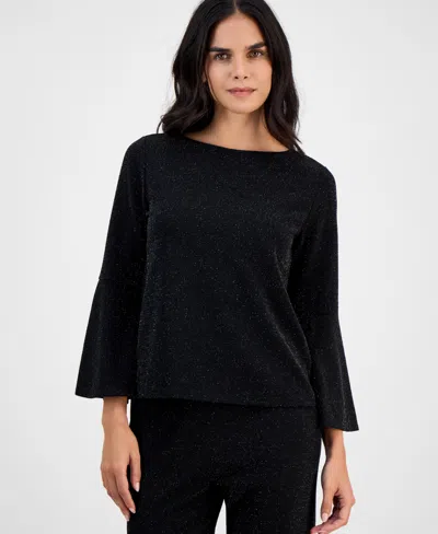 Ak Anne Klein Petite Boat-neck Long-bell-sleeve Top In Multi