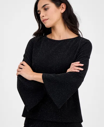 Ak Anne Klein Petite Boat-neck Long-bell-sleeve Top In Multi