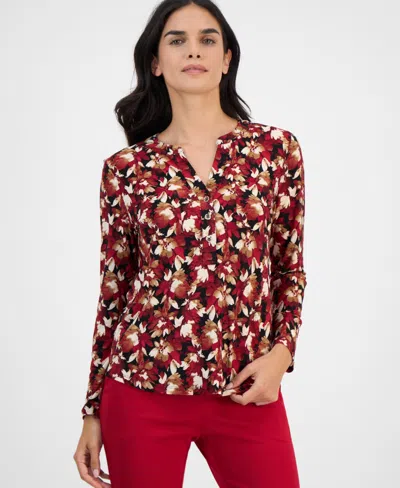 Ak Anne Klein Petite Floral-print Long-sleeve Top In Animal Print
