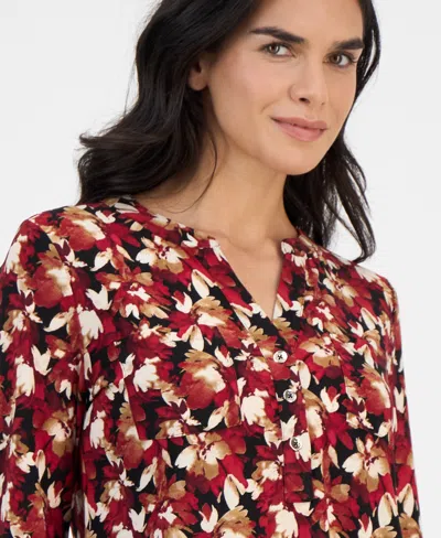 Ak Anne Klein Petite Floral-print Long-sleeve Top In Animal Print