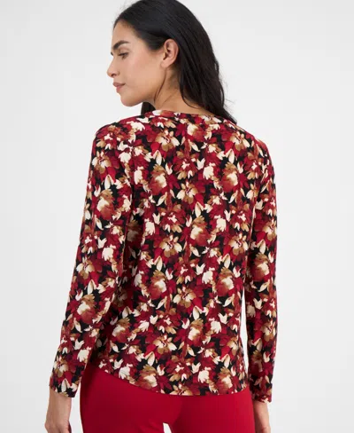 Ak Anne Klein Petite Floral-print Long-sleeve Top In Animal Print