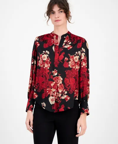 Anne Klein Women's Floral-print Split-neck Blouse In Multi