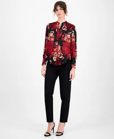 Anne Klein Women's Floral-print Split-neck Blouse In Multi