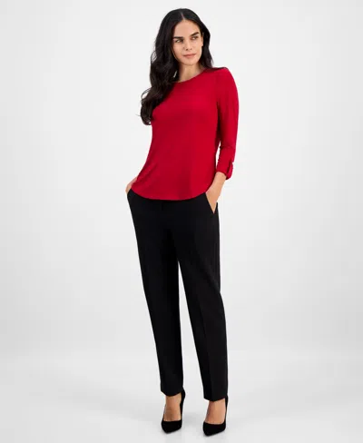 Ak Anne Klein Petite Embellished-neck Roll-tab-sleeve Top In Red