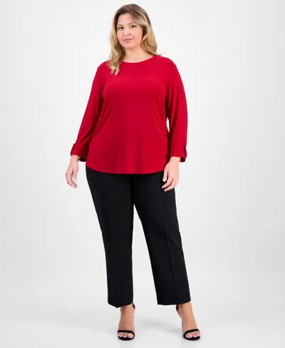 Ak Anne Klein Plus Size 3/4-sleeve Roll-tab Crewneck Top In Animal Print