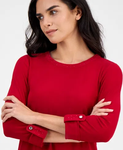 Ak Anne Klein Petite Embellished-neck Roll-tab-sleeve Top In Red