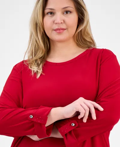 Ak Anne Klein Plus Size 3/4-sleeve Roll-tab Crewneck Top In Animal Print