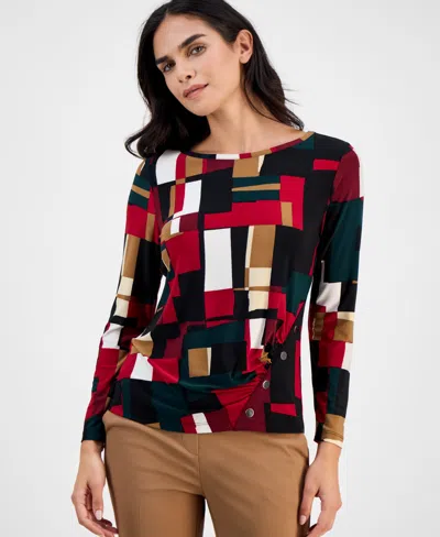 Ak Anne Klein Petite Printed Ruched-front Long-sleeve Top In Red