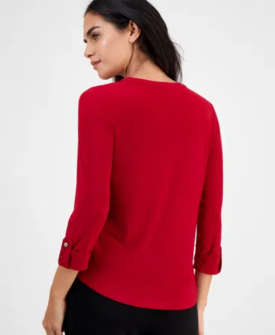 Ak Anne Klein Petite Embellished-neck Roll-tab-sleeve Top In Red