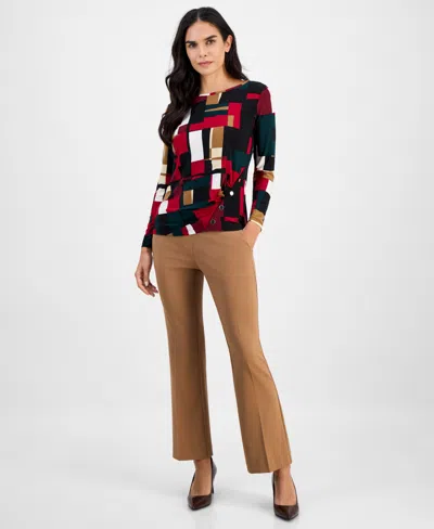 Ak Anne Klein Petite Printed Ruched-front Long-sleeve Top In Red