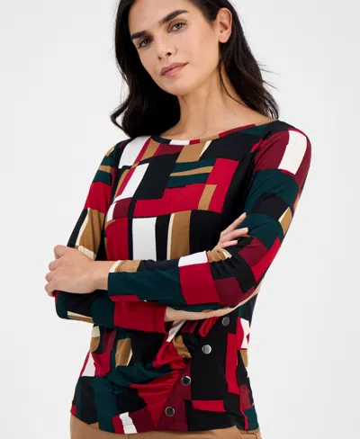 Ak Anne Klein Petite Printed Ruched-front Long-sleeve Top In Red