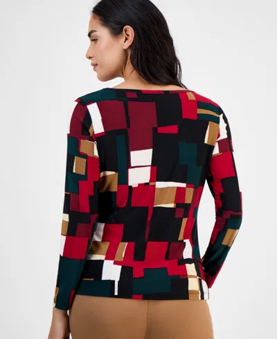 Ak Anne Klein Petite Printed Ruched-front Long-sleeve Top In Red