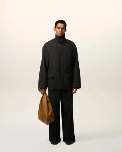 Ami Alexandre Mattiussi Structured Grey Coat With High Collar And Button Closure In Black