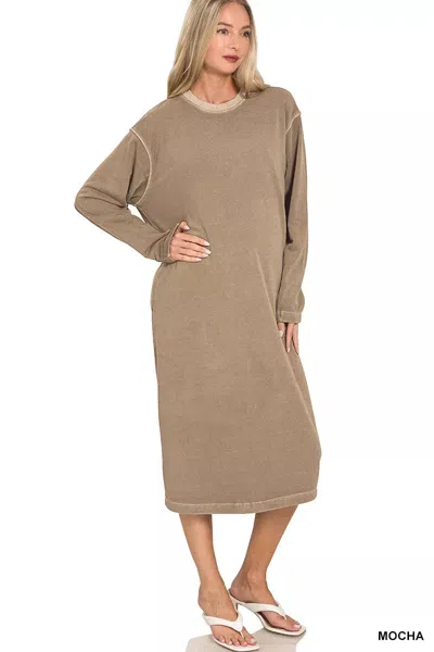 Truedames Soft Fleece Pigment Dye Sweatshirts Dress In Brown