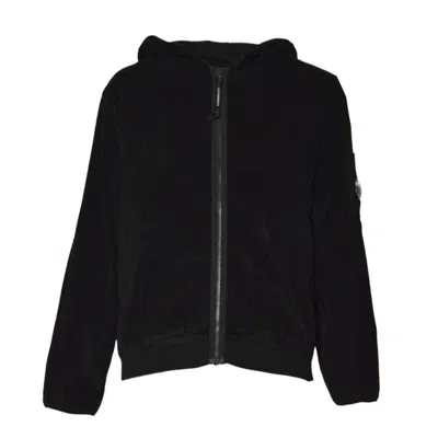C.p. Company Black Corduroy Zip-up Hoodie With Ribbed Texture And Distinctive Patch In Black