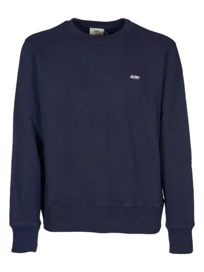 Autry Blue Crewneck Sweater With Logo Embroidered On The Front In Cotton Man In Blue