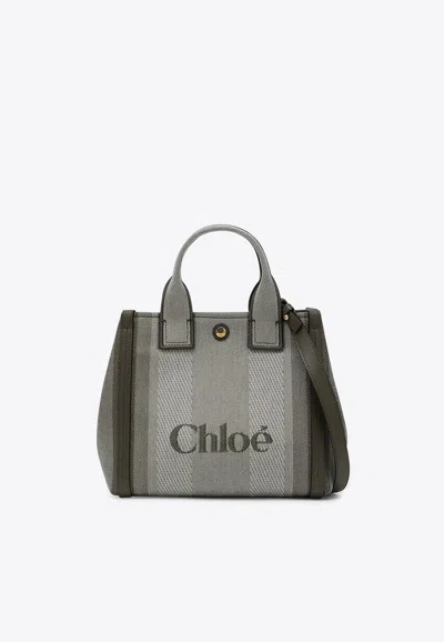Chloé Carry Small Tote Bag In Dark Green Striped Canvas In Green