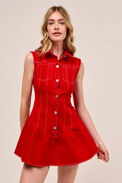 Truedames Button Down Sleeveless Collared Game Day Mini Dress In Red