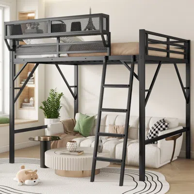 Streamdale Furniture Streamdale Queen Loft Bed With Shelves, Metal Frame, Black In Black