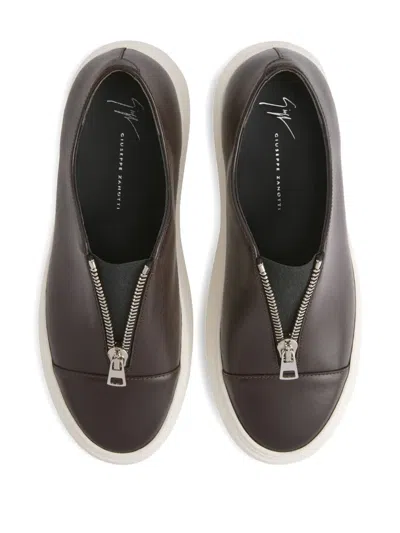 Giuseppe Zanotti Mike Elastic Leather Zipper Slip-ons In Brown