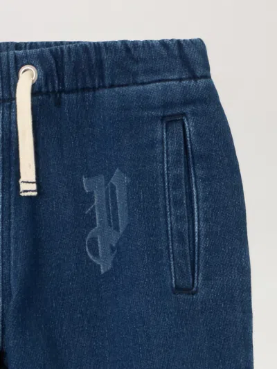 Palm Angels Pa Letters Washed Wide Pant In Blue