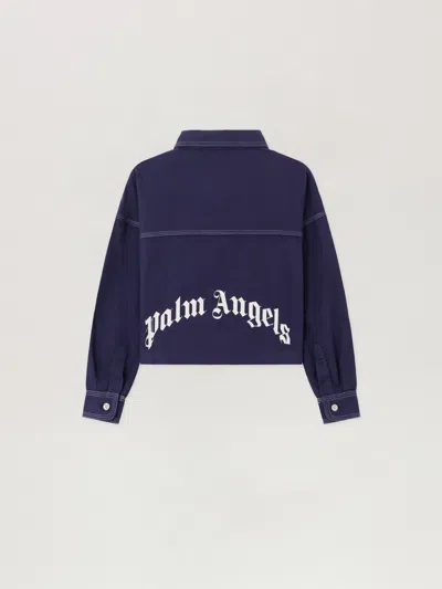 Palm Angels Curved Logo Flannel Shirt In Blue