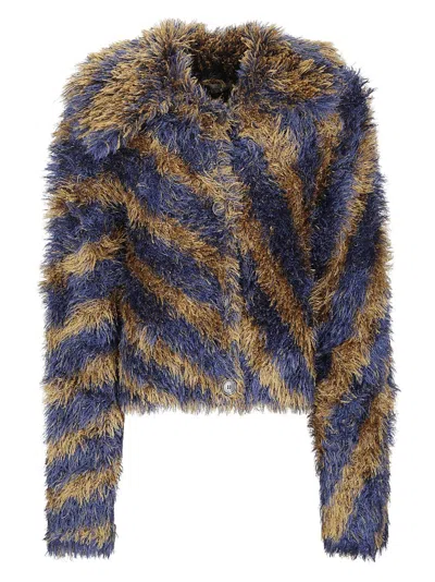 Dries Van Noten Striped Faux Fur Collared Cardigan Jacket In Animal Print