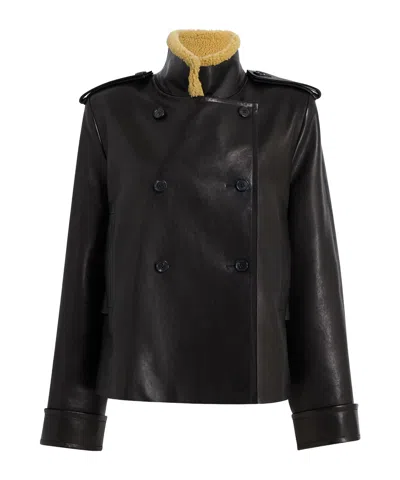Khaite Dean Leather Double-breasted Jacket With Lamb Shearling Collar In Black