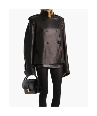 Khaite Dean Leather Double-breasted Jacket With Lamb Shearling Collar In Black