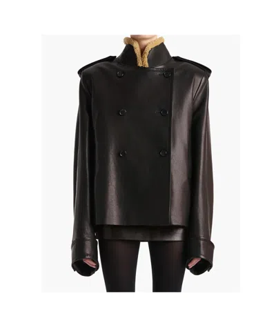 Khaite Dean Leather Double-breasted Jacket With Lamb Shearling Collar In Black