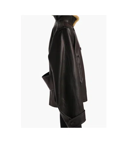 Khaite Dean Leather Double-breasted Jacket With Lamb Shearling Collar In Black