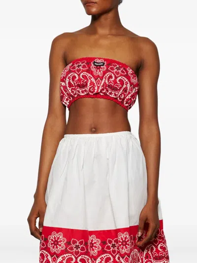 Miu Miu Printed Cotton And Linen Poplin Bra Top In Red