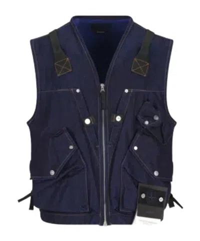 Stone Island Indigo Blue Zip Vest In Cotton Blend