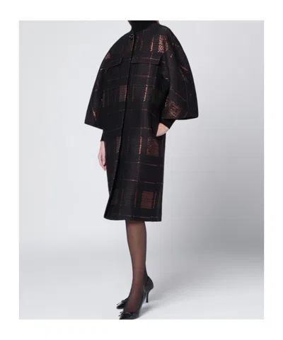 Max Mara Jacquard Lame Cocoon Coat With Checked Pattern In Black