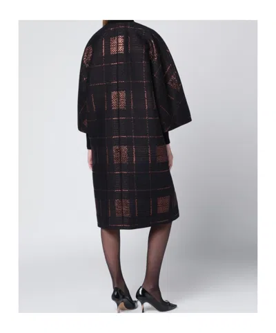 Max Mara Jacquard Lame Cocoon Coat With Checked Pattern In Black