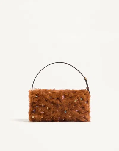 Valentino Vain Strass Fuzzy Shearling Shoulder Bag In Brown