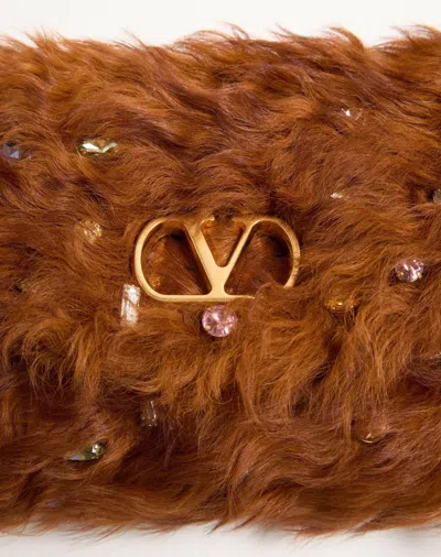 Valentino Vain Strass Fuzzy Shearling Shoulder Bag In Brown