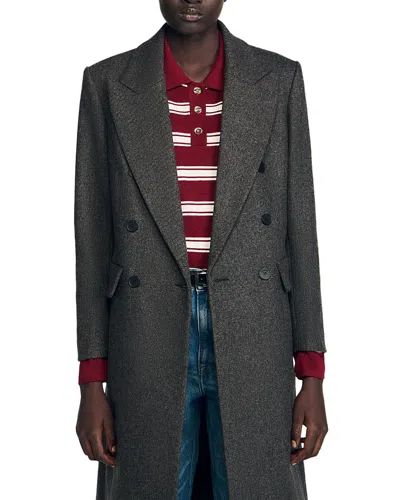Sandro Fitted Double Breasted Coat In Gray