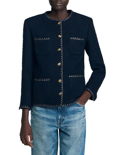 Sandro Tweed Jacket With Decorative Trim In Blue