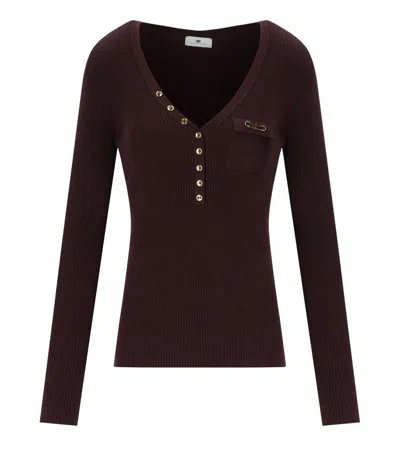 Elisabetta Franchi Fitted Ribbed Knit Top With Decorative Buttons And Gold Accent In Brown