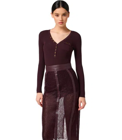 Elisabetta Franchi Fitted Ribbed Knit Top With Decorative Buttons And Gold Accent In Brown