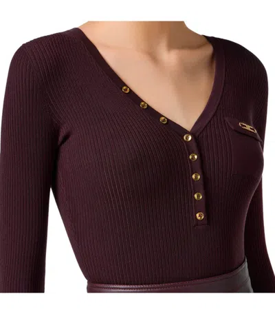 Elisabetta Franchi Fitted Ribbed Knit Top With Decorative Buttons And Gold Accent In Brown