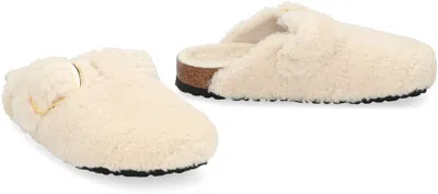 Birkenstock Womens Eggshell Shearling Boston Buckle-embellished Clogs In Neutral