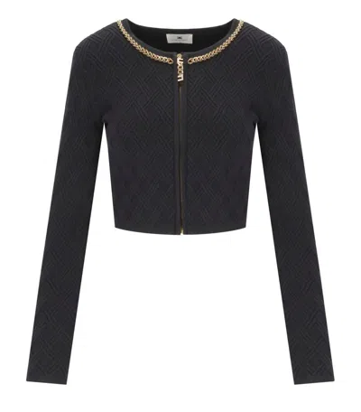 Elisabetta Franchi Diamond Knit Cardigan With Black Jewel Detail In Black