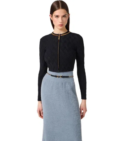 Elisabetta Franchi Diamond Knit Cardigan With Black Jewel Detail In Black